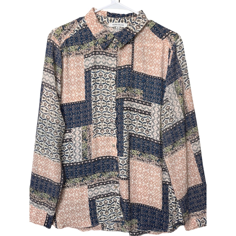 Rose + Olive Blouse Womens XL Patchwork Floral Paisley Button Up Long Sleeve